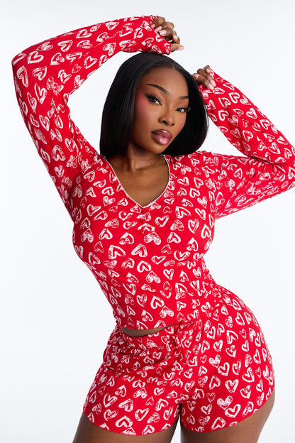 Love Everywhere Long Sleeve PJ Short Set - Red/White