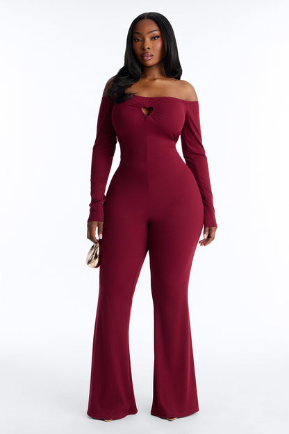 So In Love Ribbed Flare Leg Jumpsuit - Wine