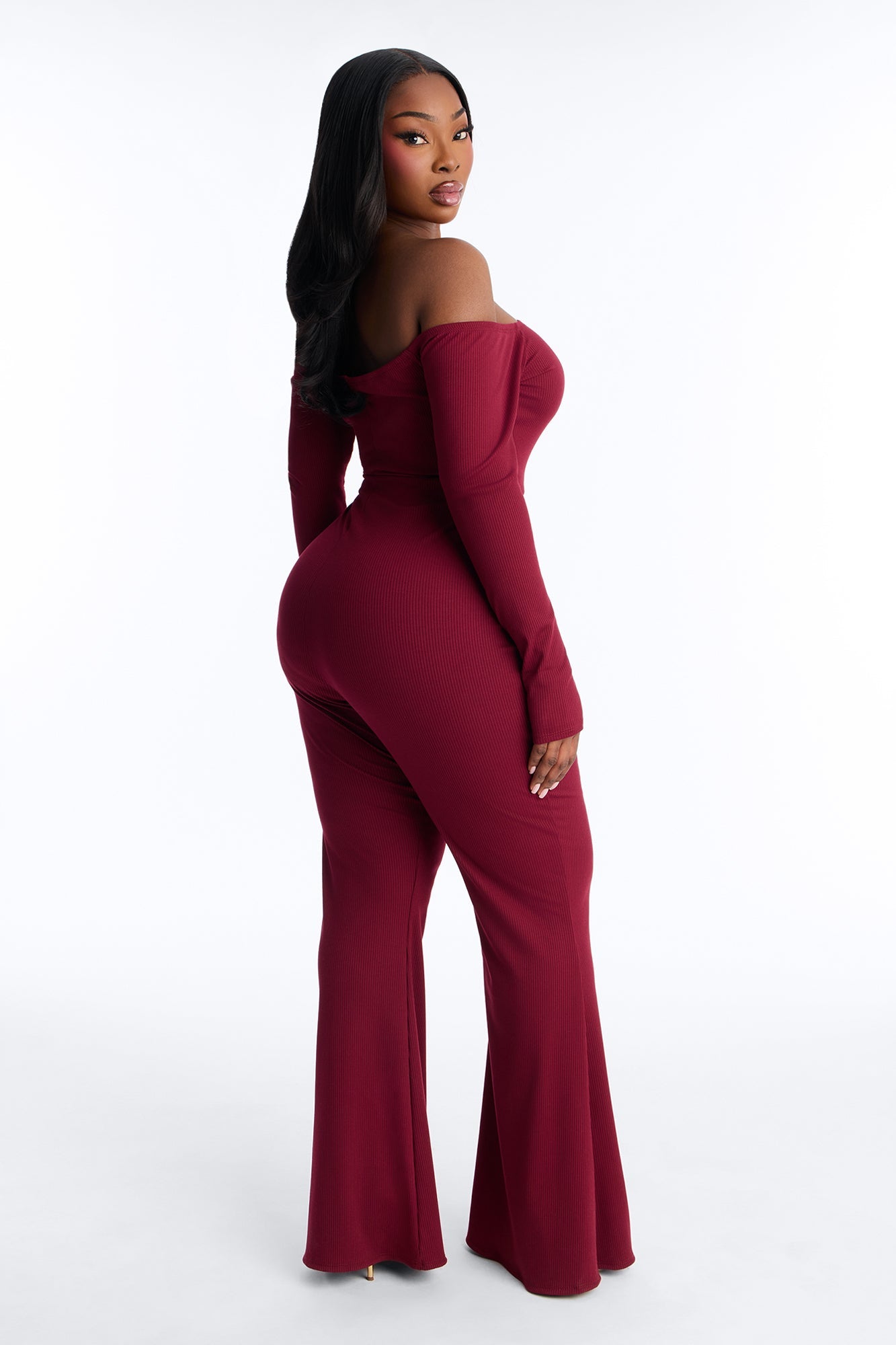 So In Love Ribbed Flare Leg Jumpsuit - Wine
