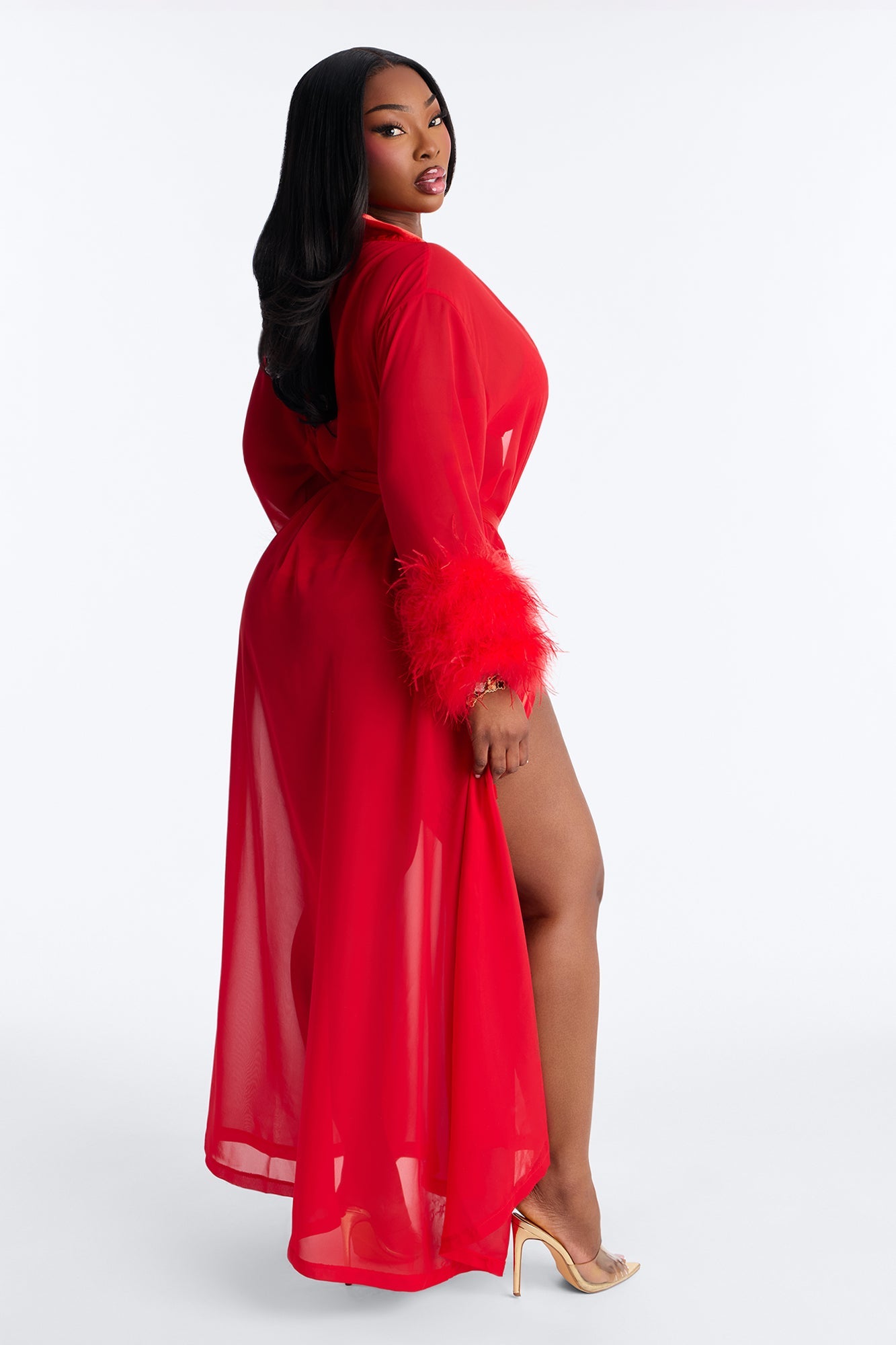 Love Me Harder Sheer Feather Trim Robe - Red