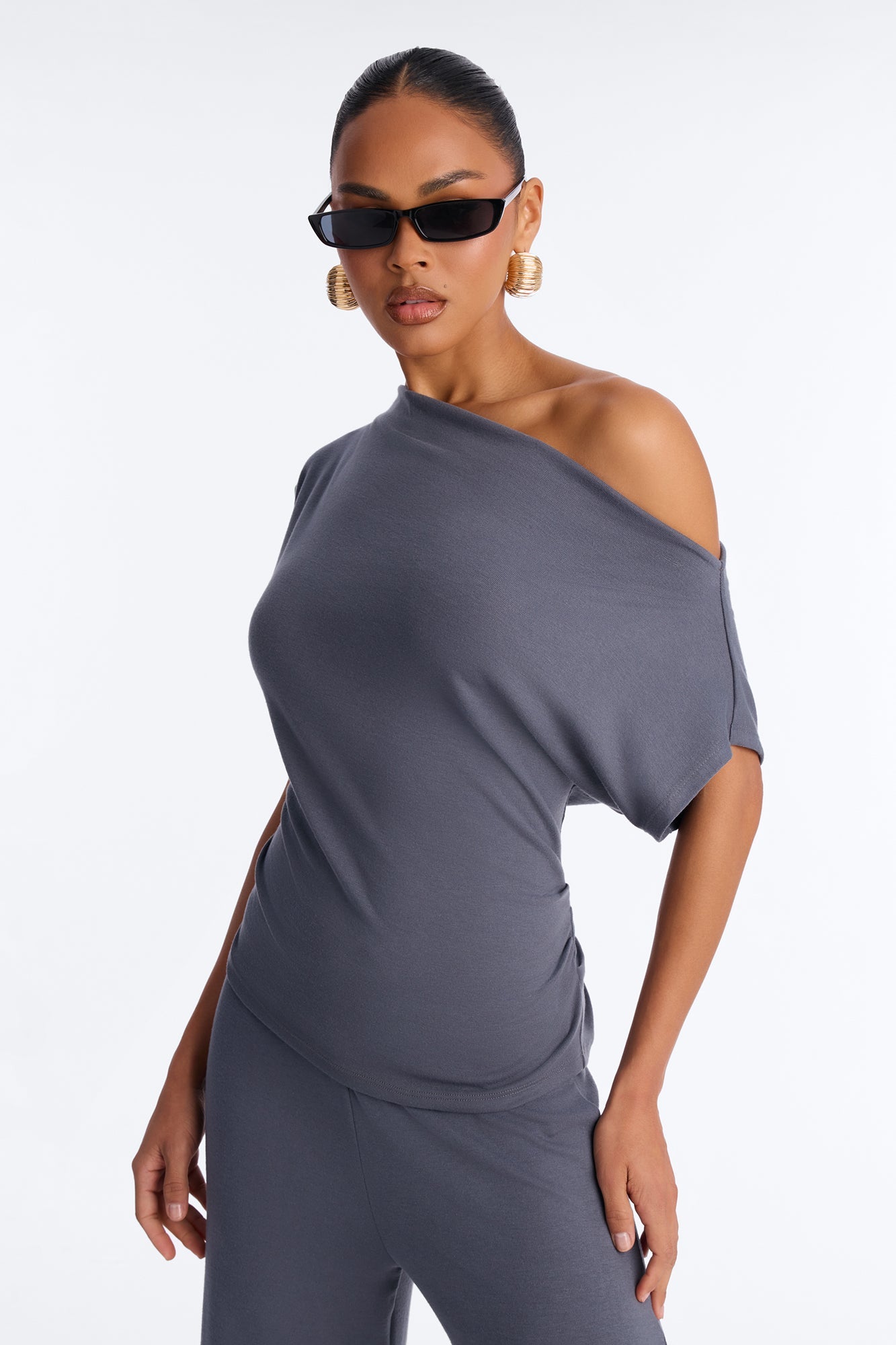 Alicia Off Shoulder Wide Leg Pant Set - Dark Grey