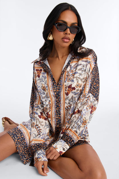 Italian Summer Long Sleeve Satin Mini Dress - Navy/combo