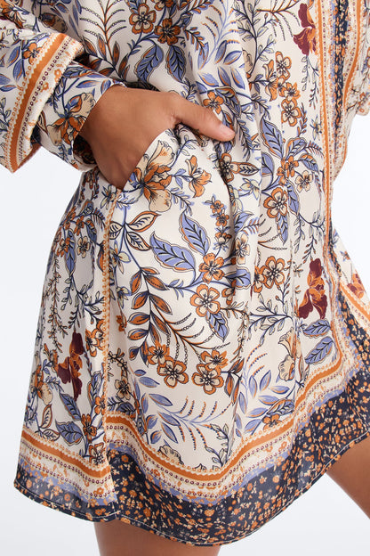 Italian Summer Long Sleeve Satin Mini Dress - Navy/combo