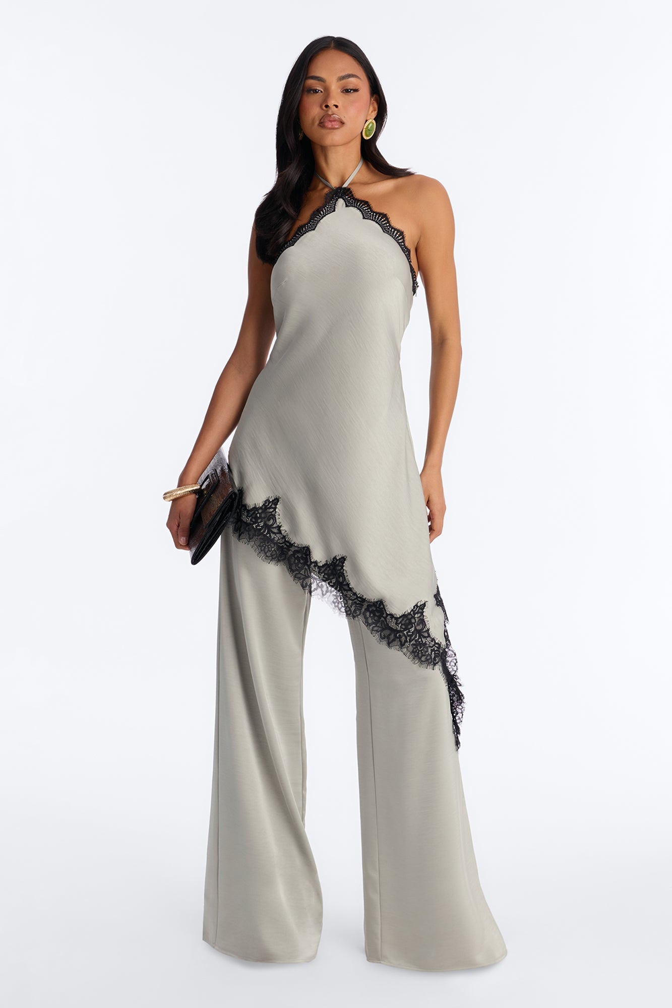 Bella Rose Draped Lace Trim Jumpsuit - Sage