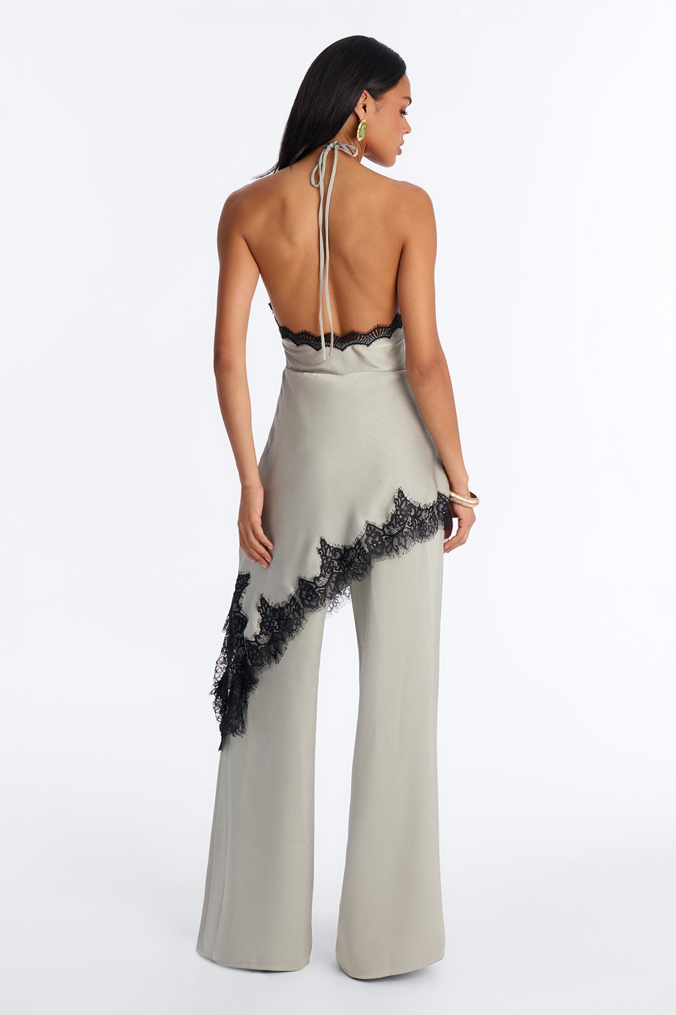 Bella Rose Draped Lace Trim Jumpsuit - Sage