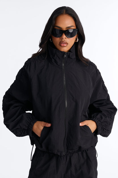 Off Duty Days Ruched Windbreaker Funnel Neck Jacket - Black