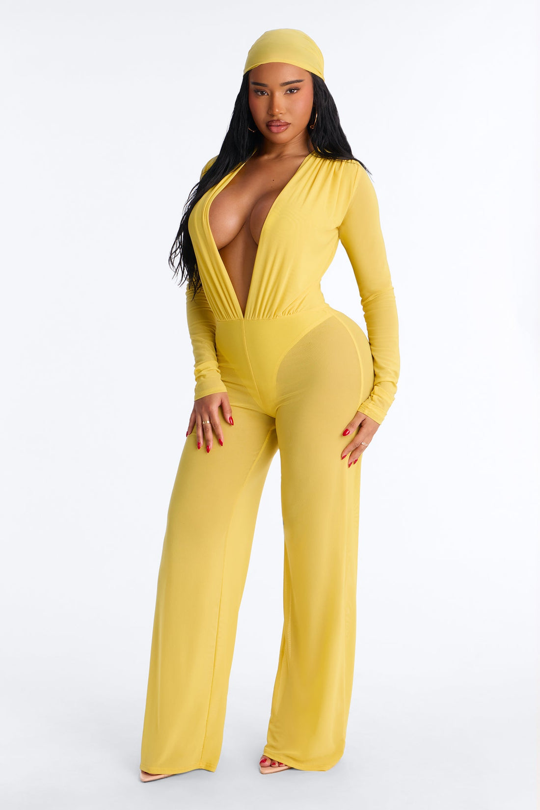Sara Plunge Neck Jumpsuit And Headscarf 2 Piece Set - Butter Yellow