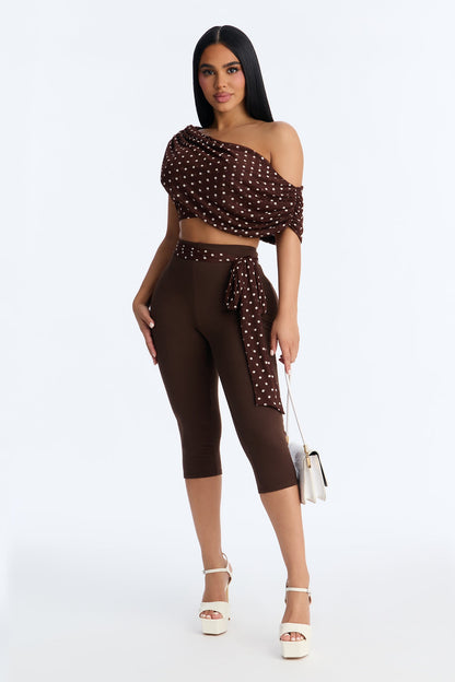 Bailey Off Shoulder Polka Dot Capri Set - Brown/combo