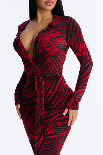 Raelyn Animal Print Midi Dress - Black/Red