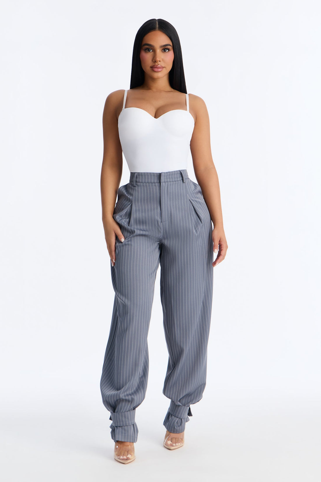 Never Settle Pinstripe Adjustable Cuff Trouser Pants 33″ - Grey
