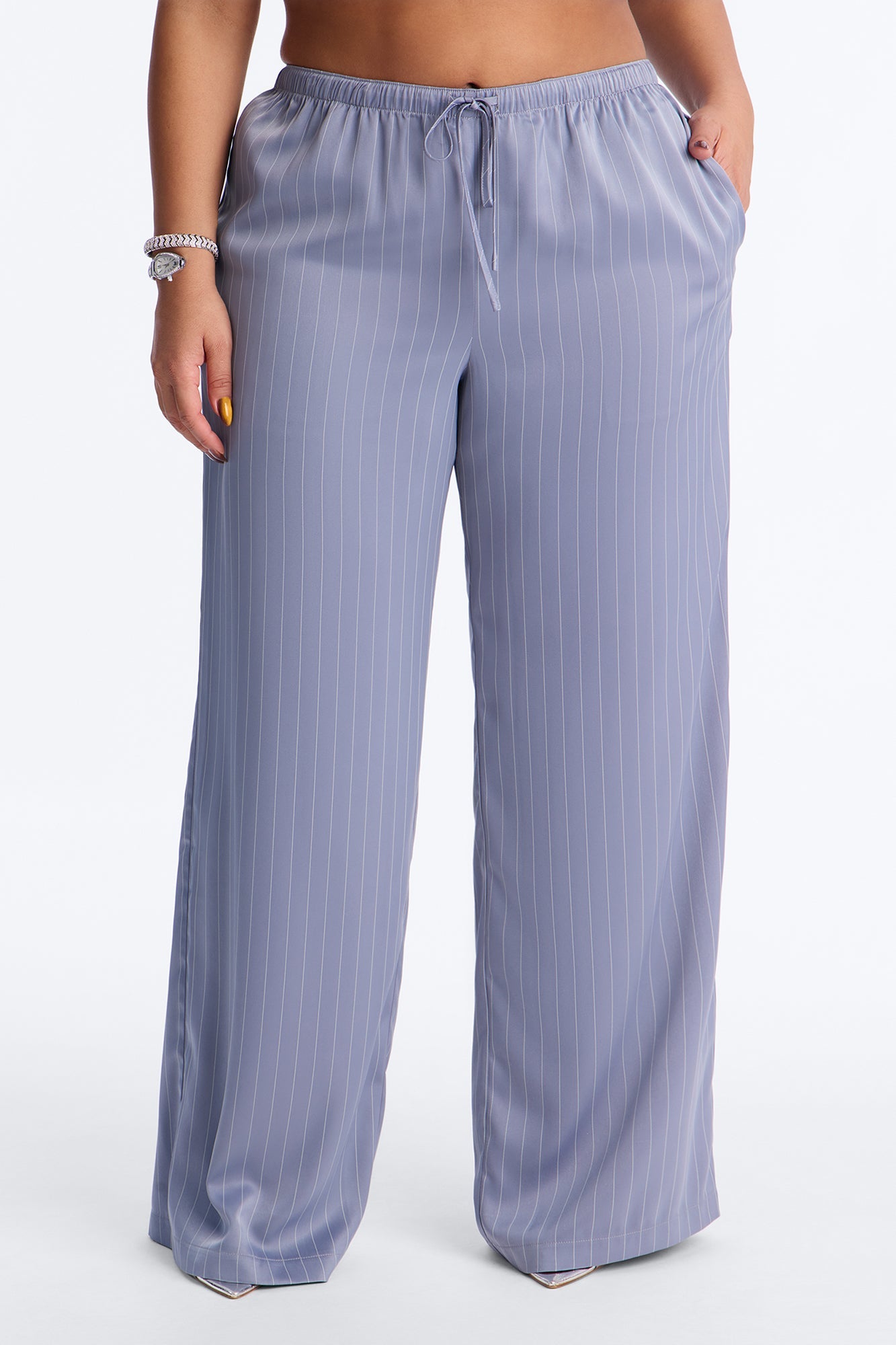Lulu Pinstripe Satin Wide Leg Pant 32″ - Slate Blue
