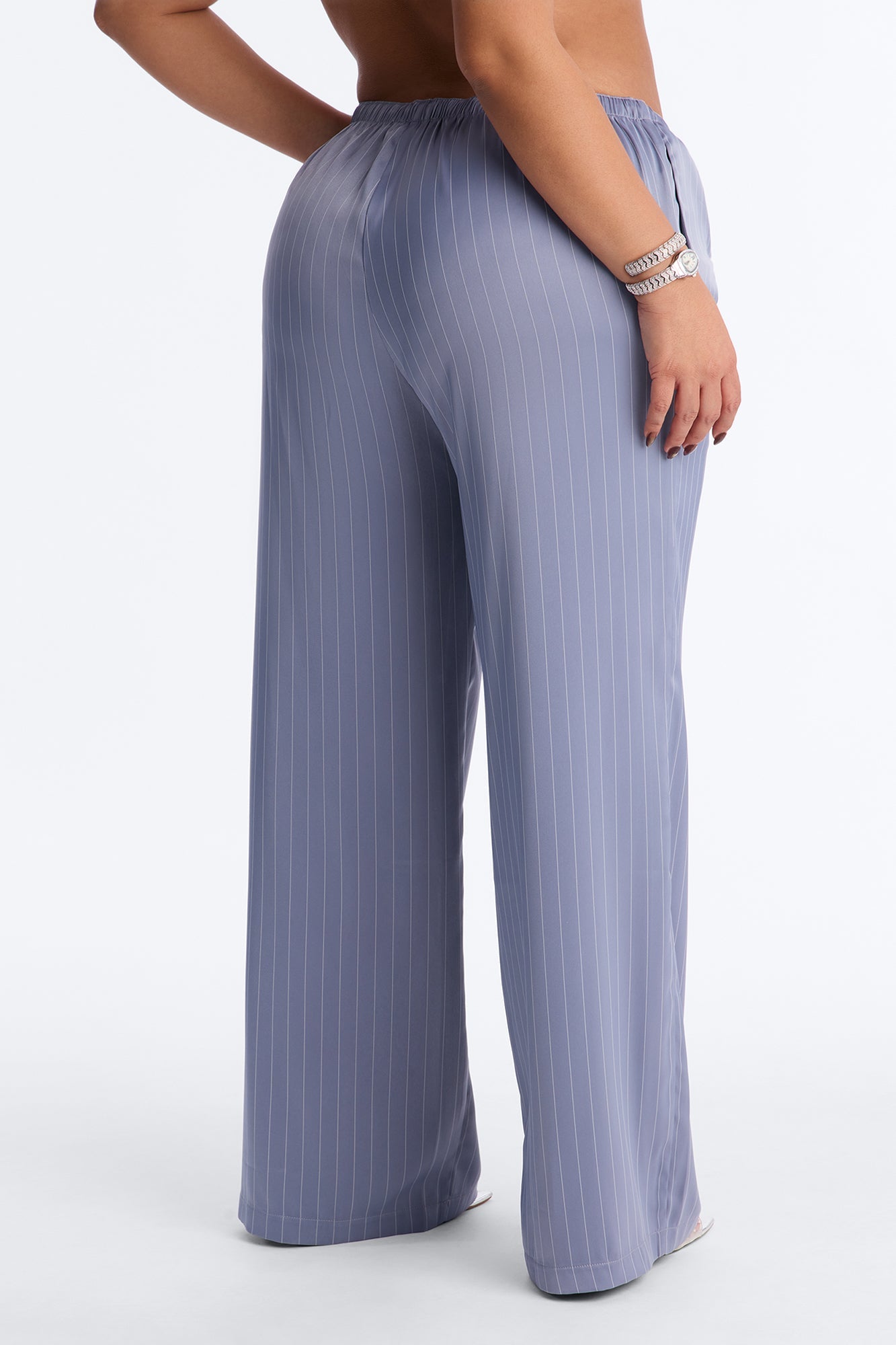 Lulu Pinstripe Satin Wide Leg Pant 32″ - Slate Blue
