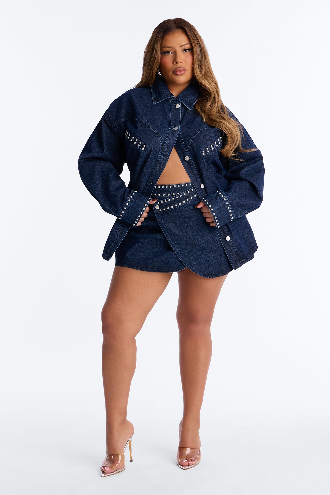 Sanna Studded Denim Mini Skirt Set - Dark Wash