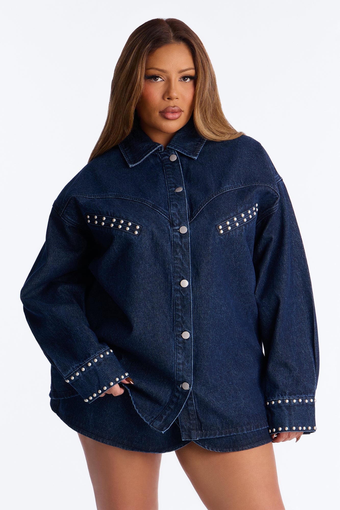 Sanna Studded Denim Mini Skirt Set - Dark Wash