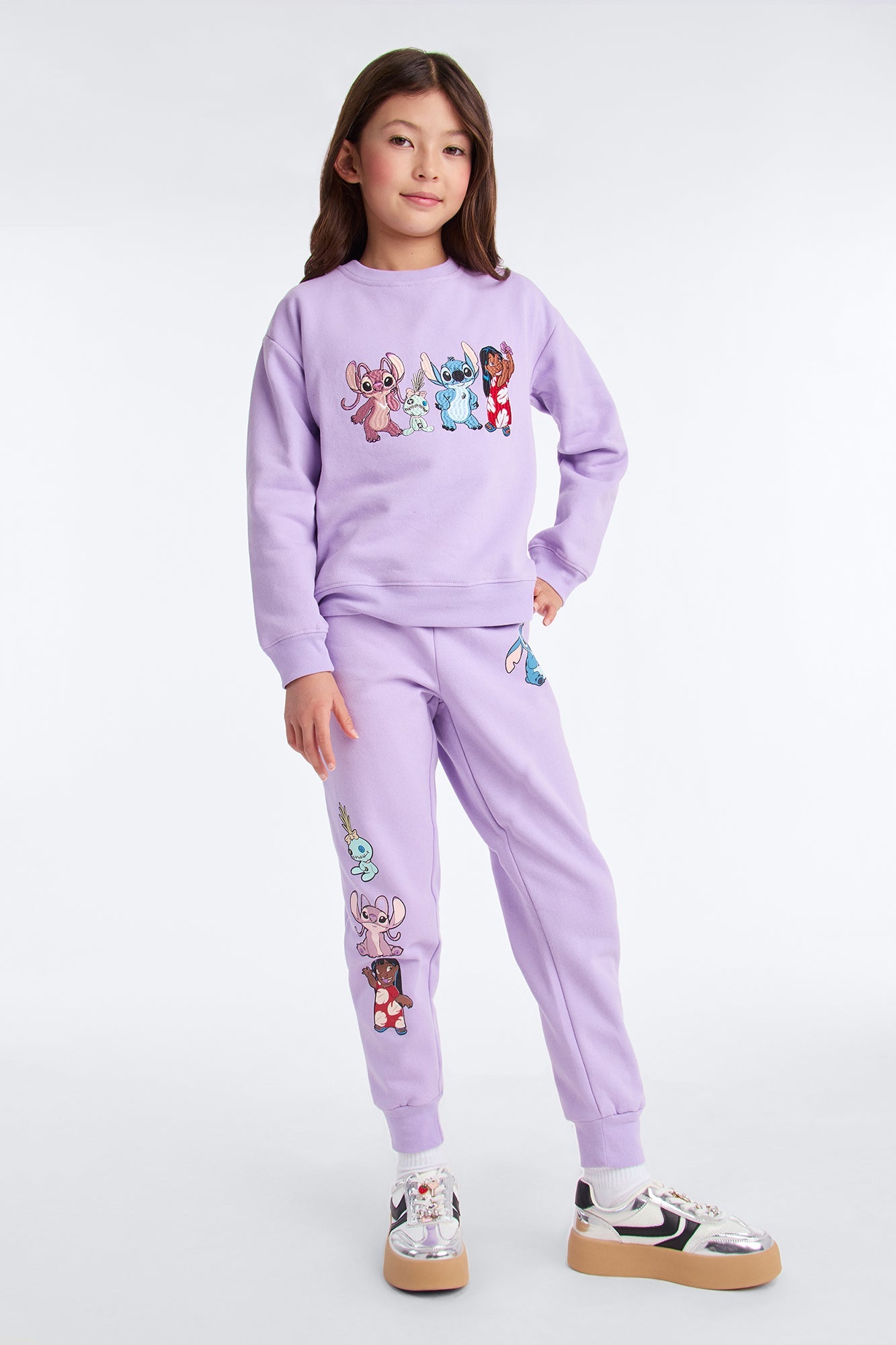 Mini Lilo &amp; Stitch Embroidered Jogger Pant Set - Purple
