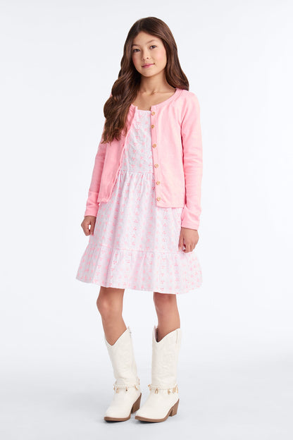 Mini Eve Printed Cardigan And Dress Set - Pink/combo