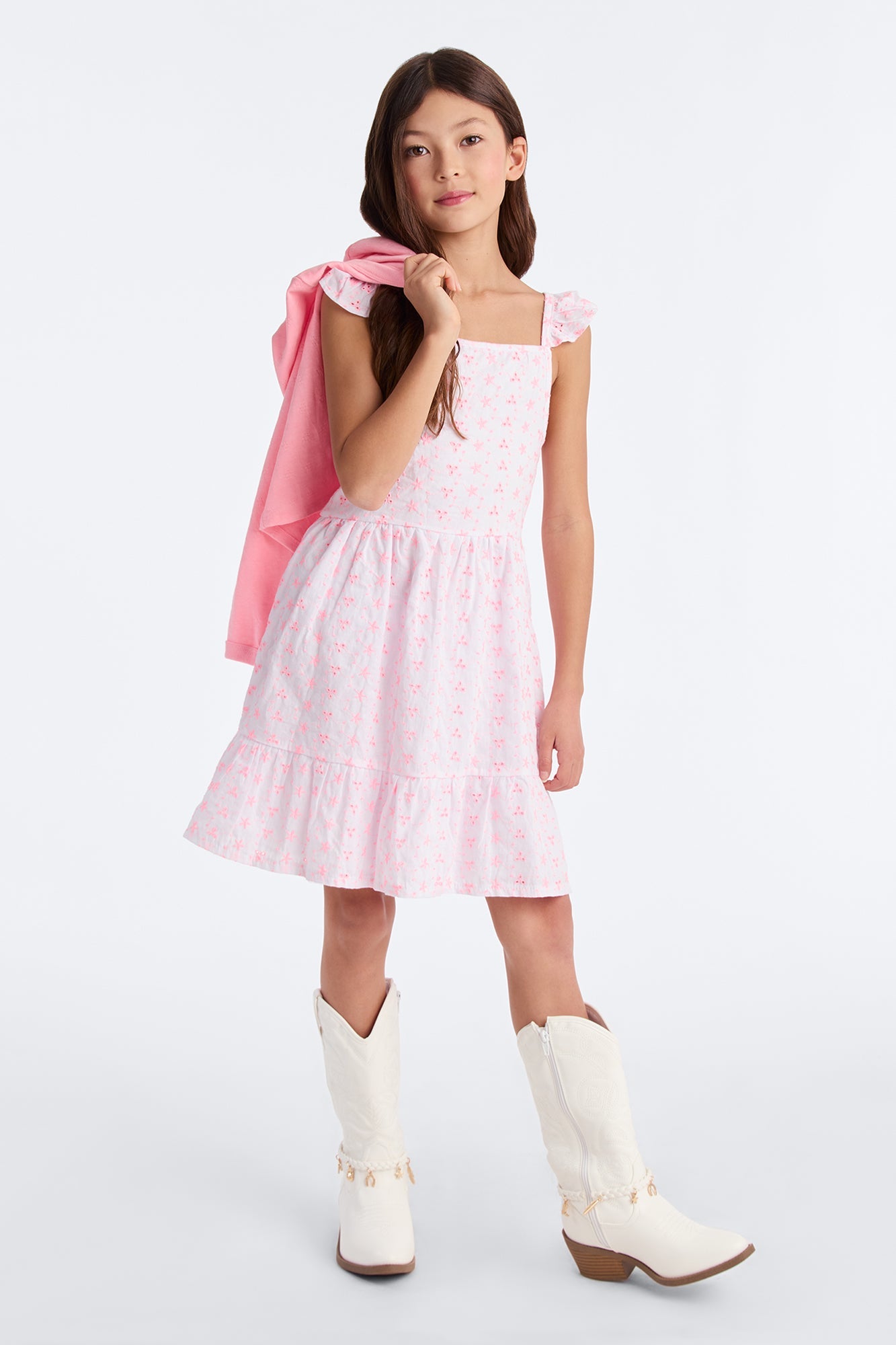 Mini Eve Printed Cardigan And Dress Set - Pink/combo