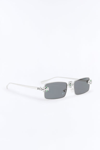 Iced Panther Rectangle Metal Sunglasses - Silver/Black