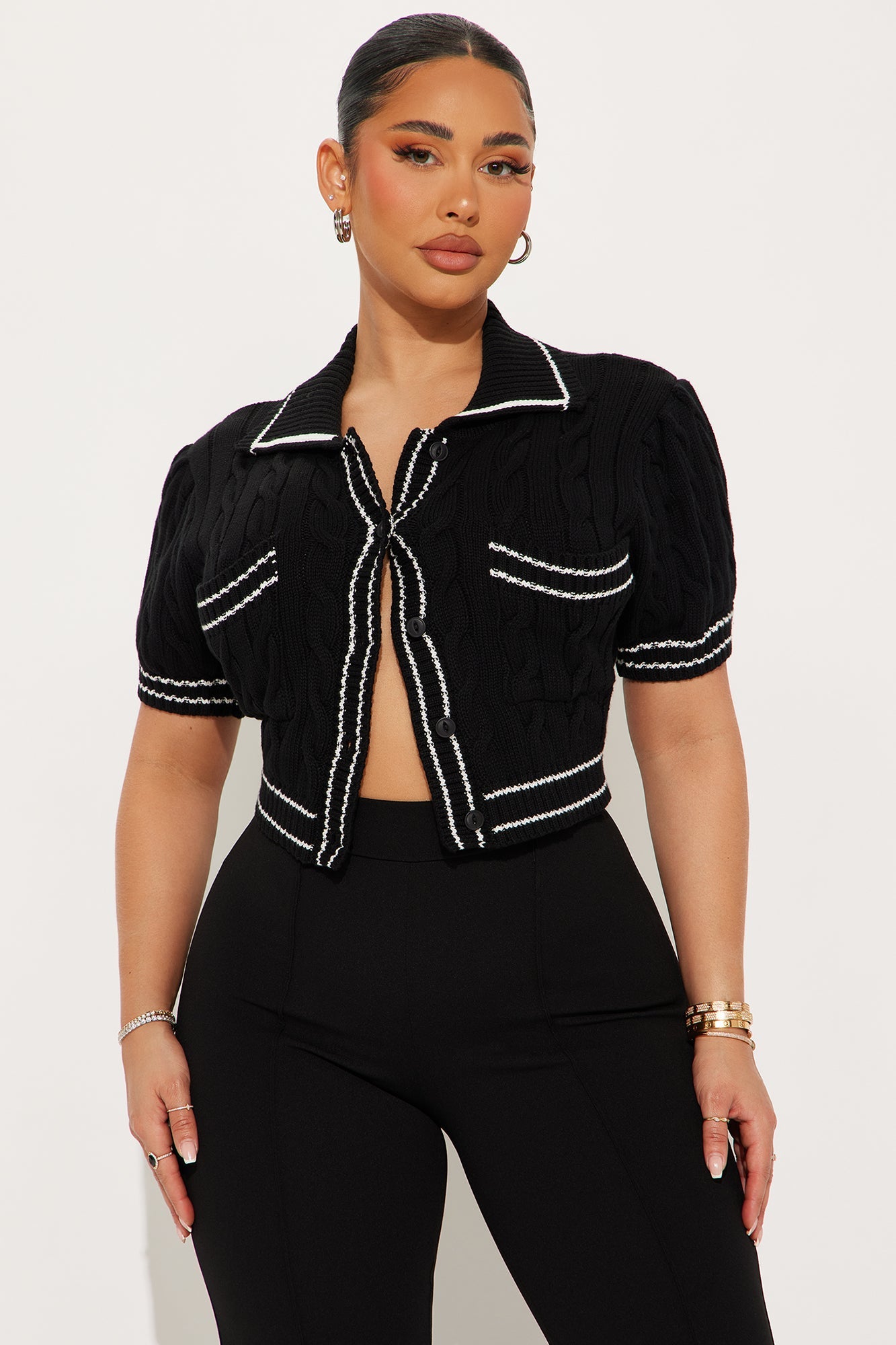 Kelia Cable Knit Cardigan - Black/White
