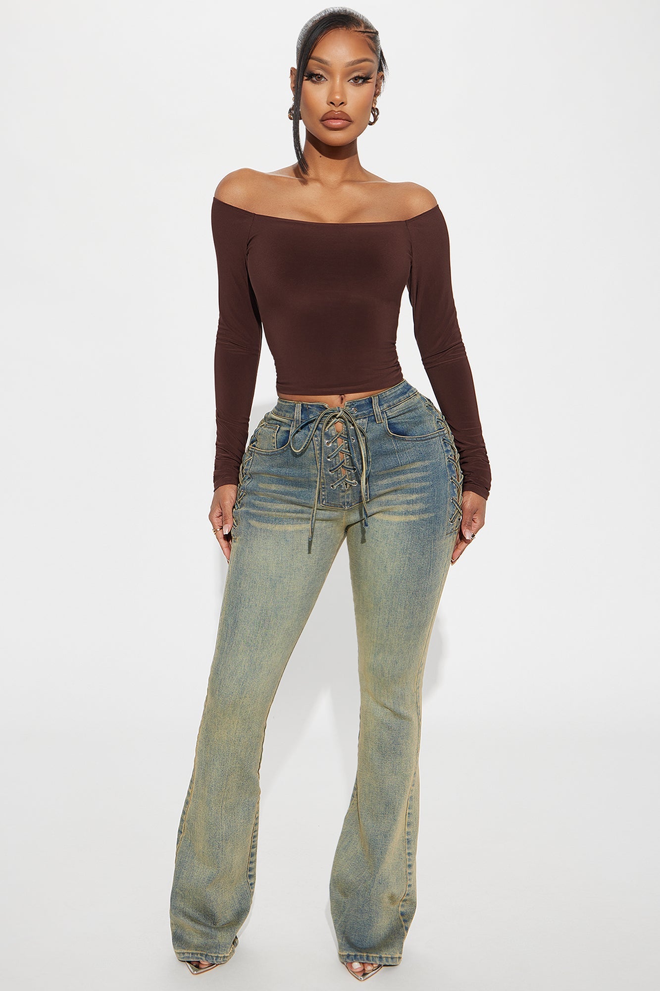 Out In The Town Lace Up Stretch Flare Jeans - Vintage Wash