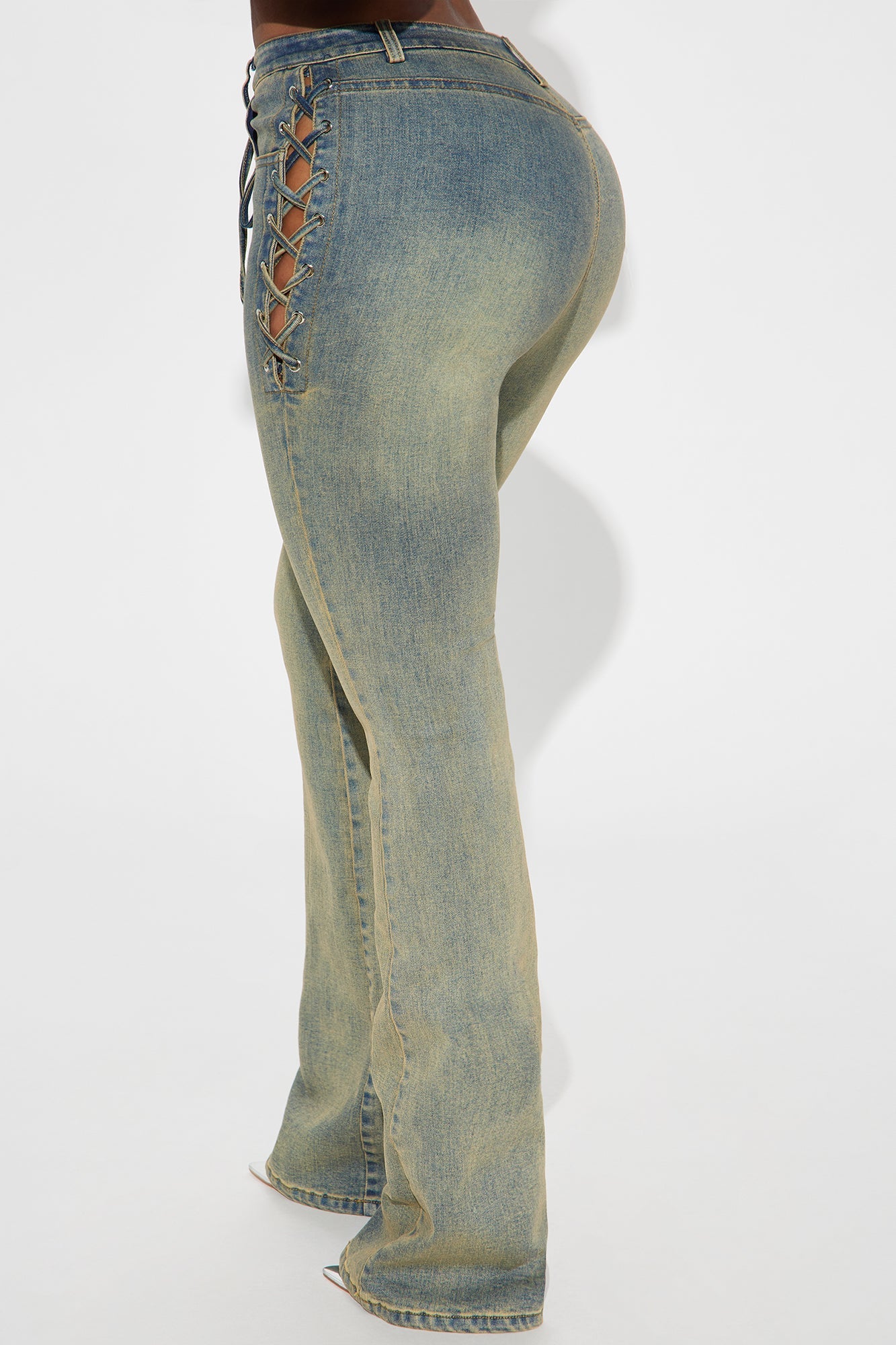 Out In The Town Lace Up Stretch Flare Jeans - Vintage Wash