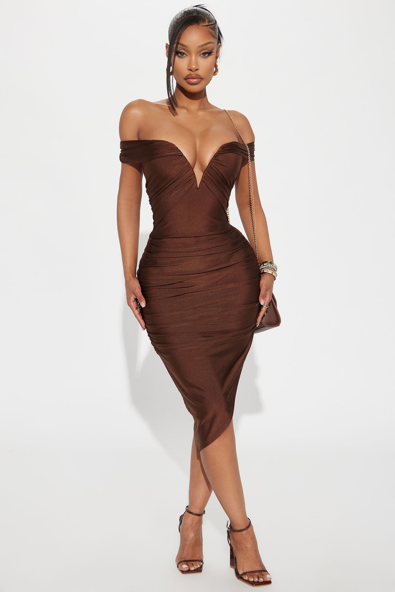 Rosalinda Off Shoulder Midi Dress - Chocolate