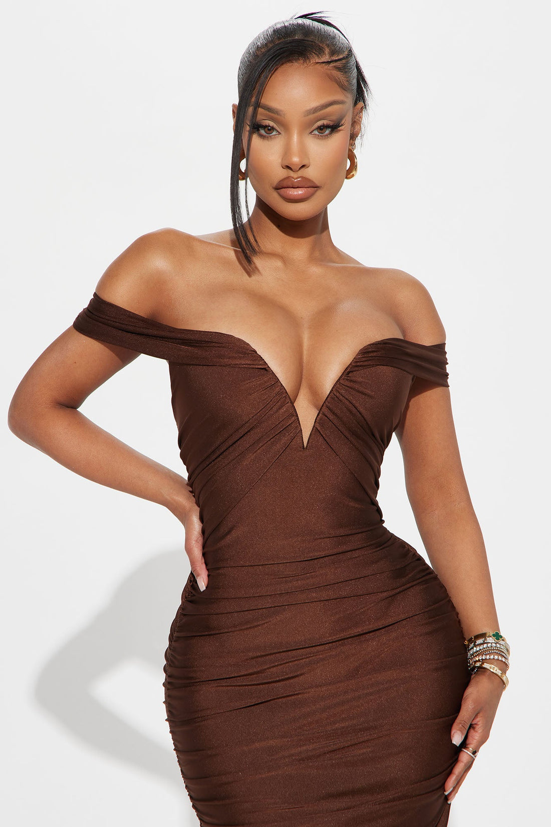 Rosalinda Off Shoulder Midi Dress - Chocolate