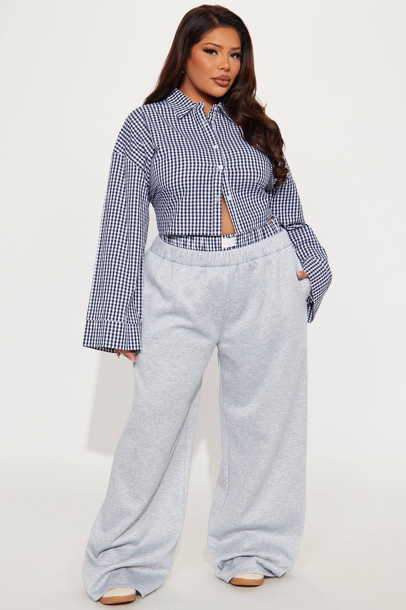 Shayla Gingham Fleece Pant Set - Navy/combo