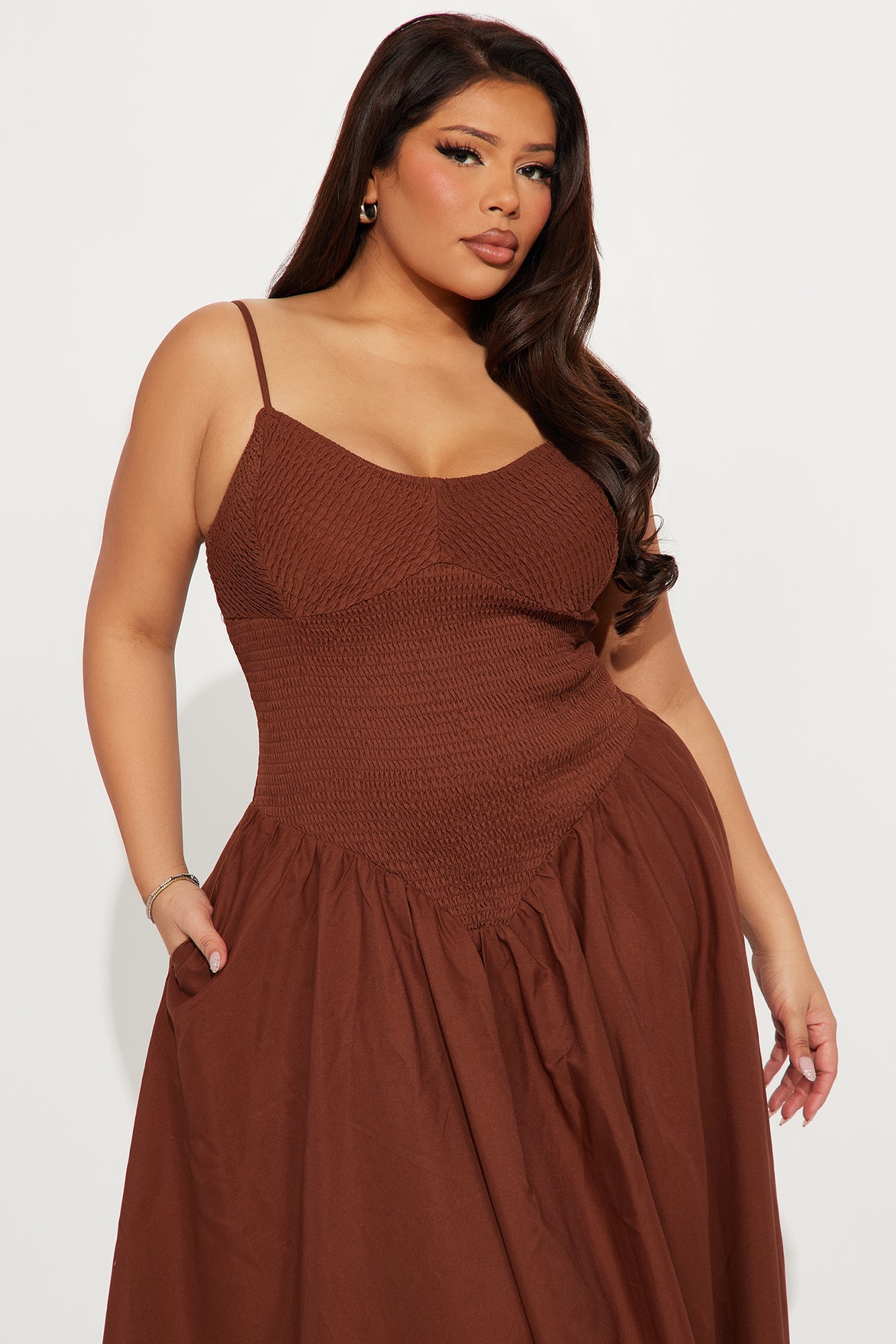 Lily Smocked Drop Waist Maxi Dress - Brown