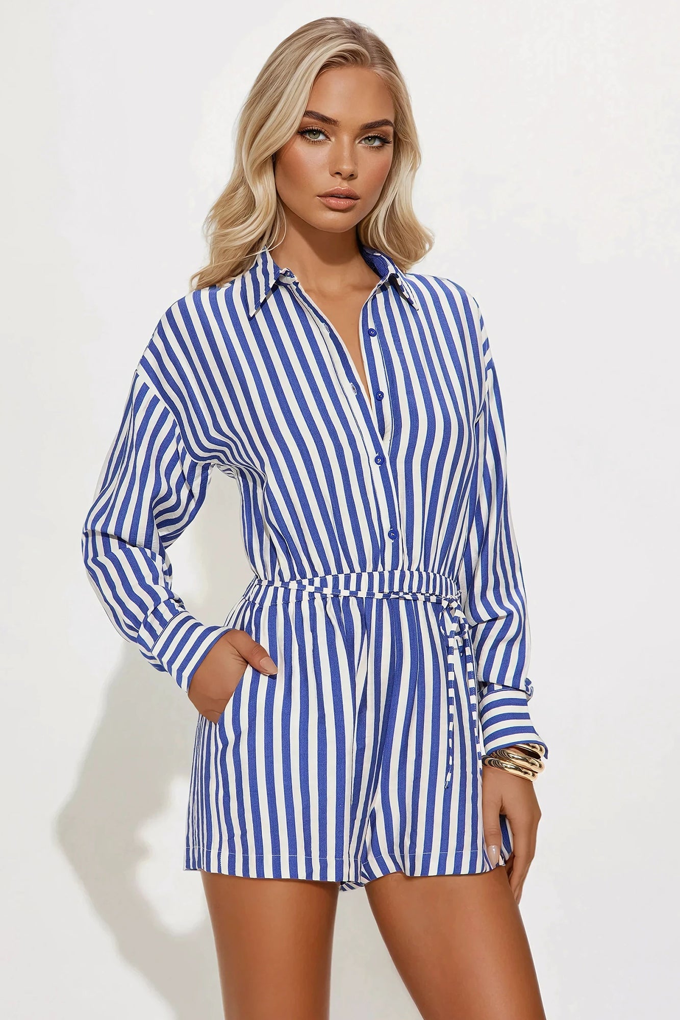 Callie Striped Romper - White/Blue