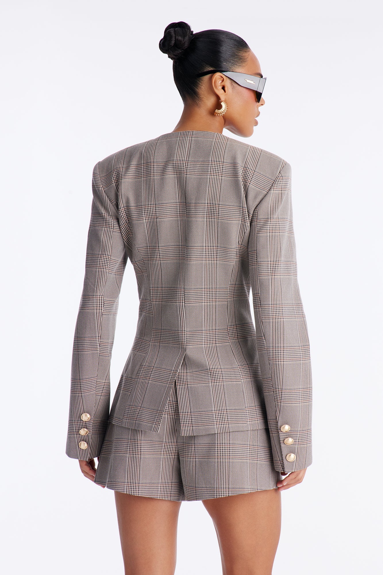 Follow Her Logic Plaid Blazer Skirt Set - Taupe/combo