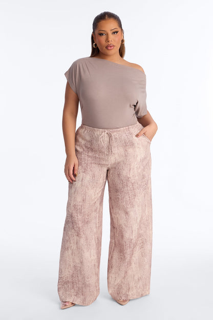 Amelia Textured Wide Leg Pull On Drawstring Pant 32″ - Brown/combo