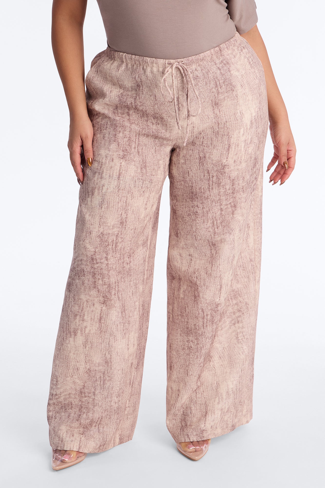 Amelia Textured Wide Leg Pull On Drawstring Pant 32″ - Brown/combo