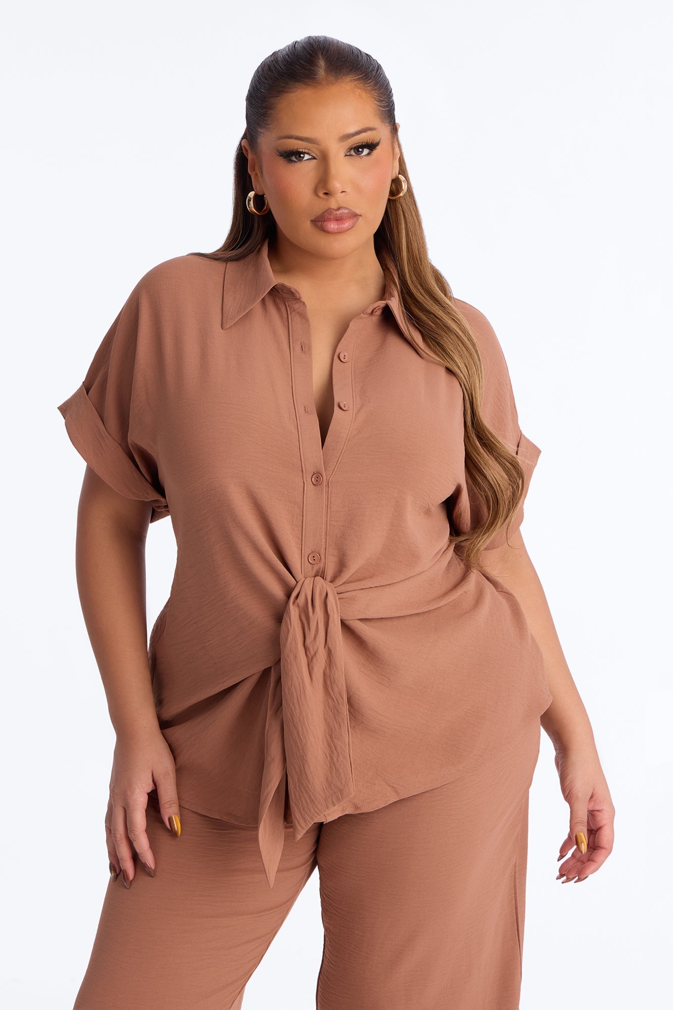 Makela Tie Front Wide Leg Pant Set - Mocha