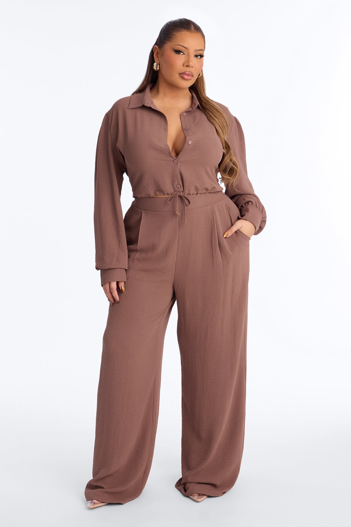 Katya Collar Pant Set - Mocha