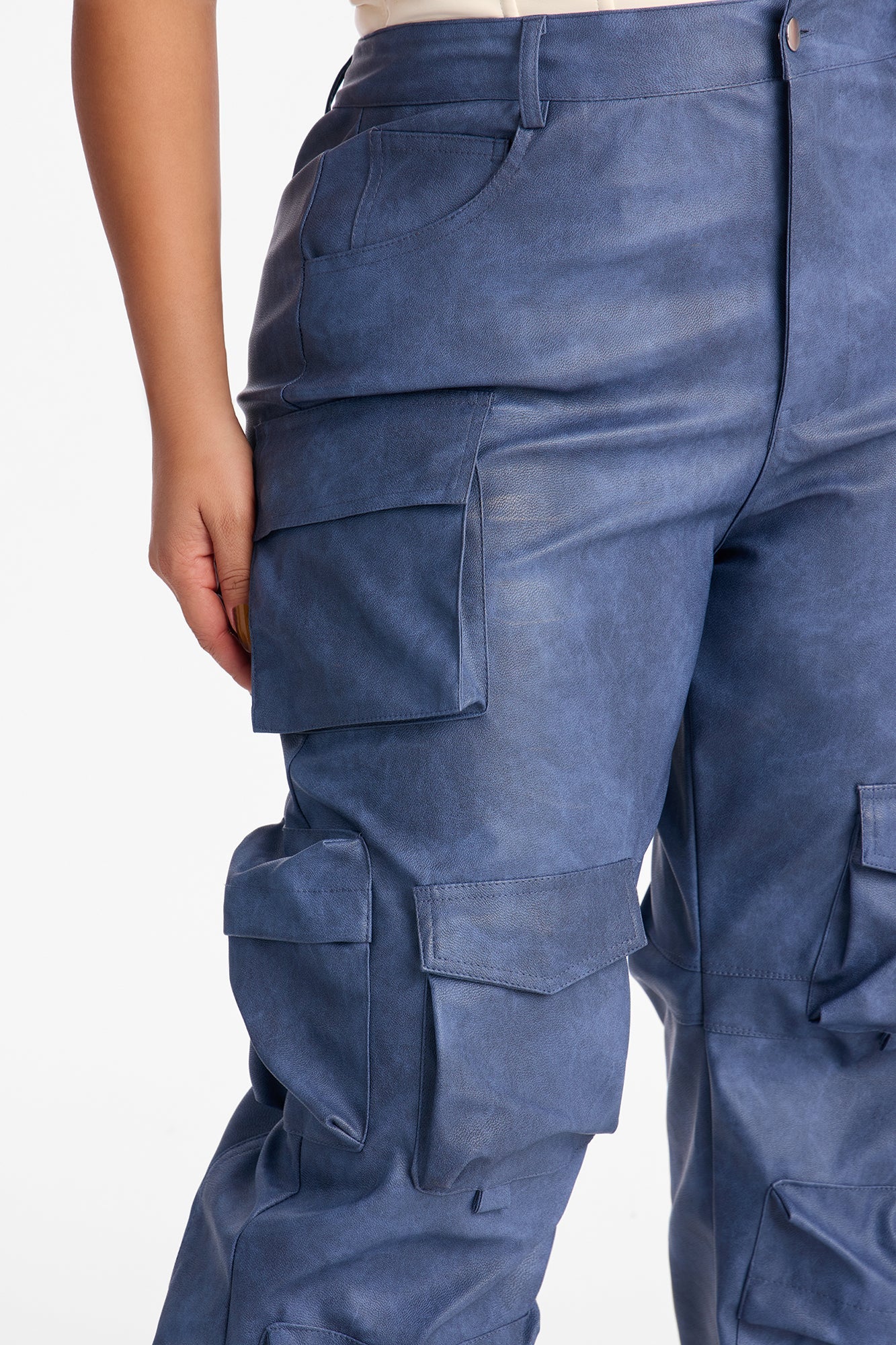 Weekend Warrior Washed Faux Leather Cargo Jogger - Blue
