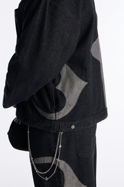 Cropped Crescent Denim Work Jacket - Black