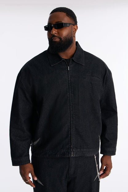 Cropped Crescent Denim Work Jacket - Black