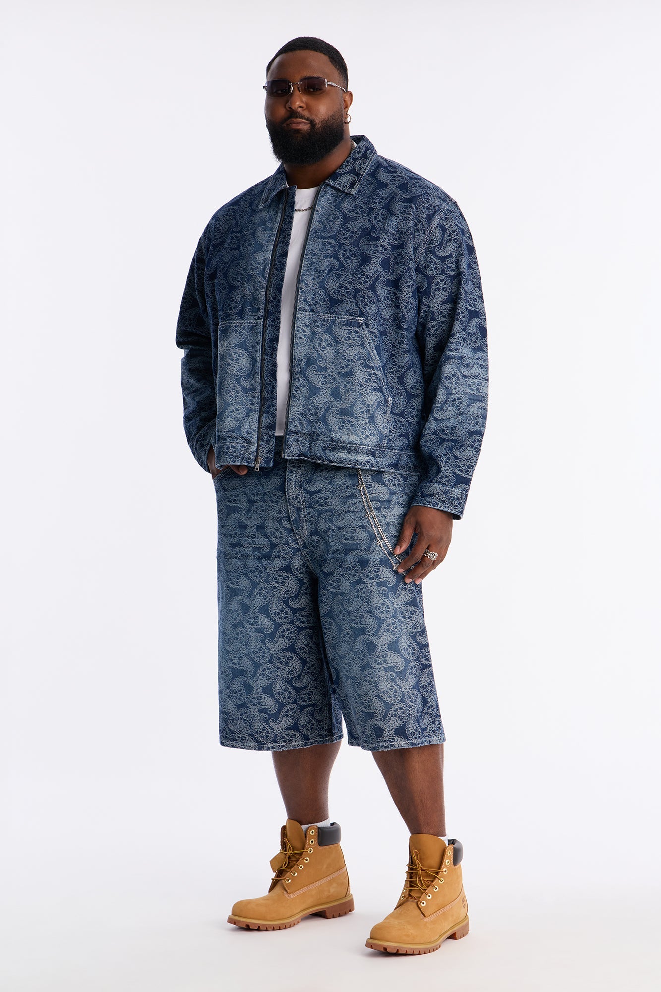 Cropped Paisley Jacquard Denim Work Jacket - Dark Wash