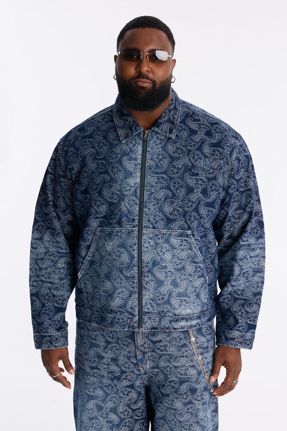 Cropped Paisley Jacquard Denim Work Jacket - Dark Wash