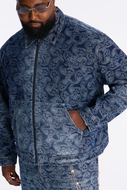 Cropped Paisley Jacquard Denim Work Jacket - Dark Wash