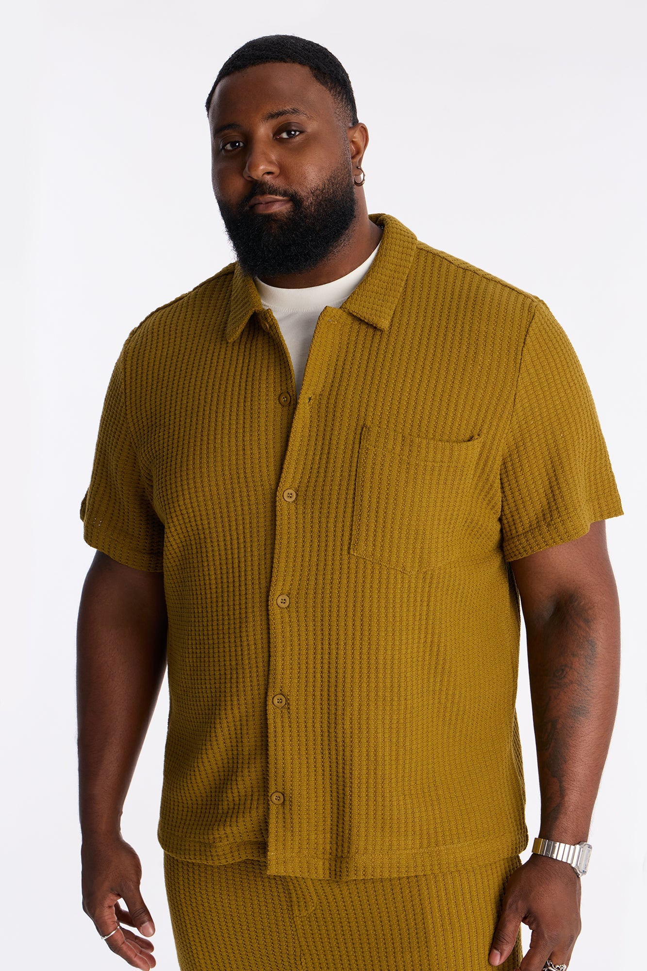 London Fog Textured Button Up Shirt - Mustard