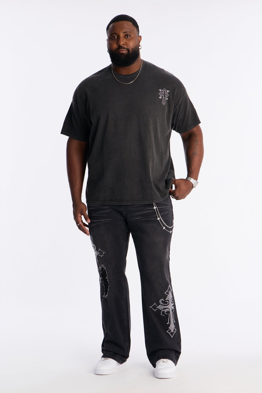 Cross My Heart Rhinestones Oversized Short Sleeve Tee - Black