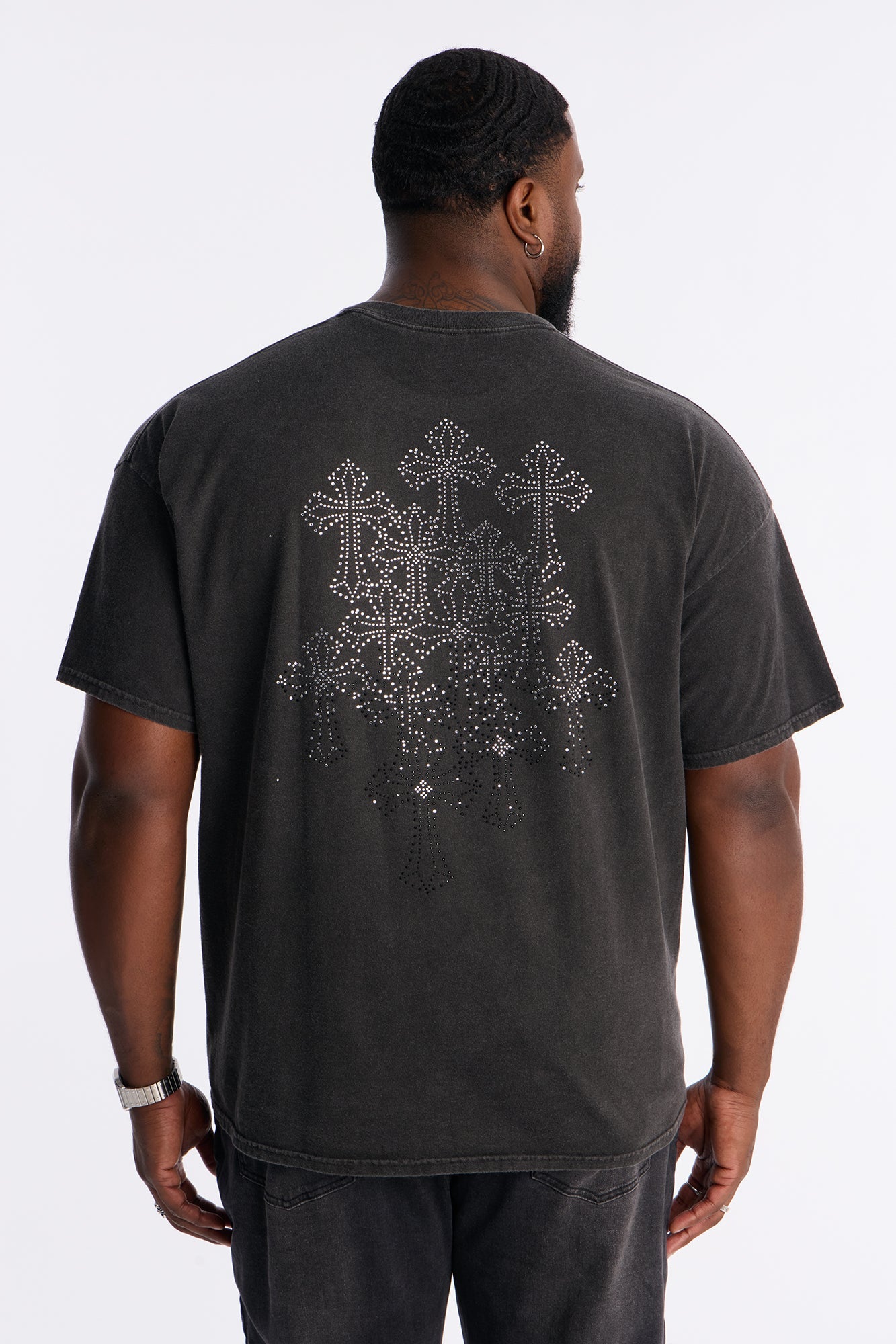 Cross My Heart Rhinestones Oversized Short Sleeve Tee - Black