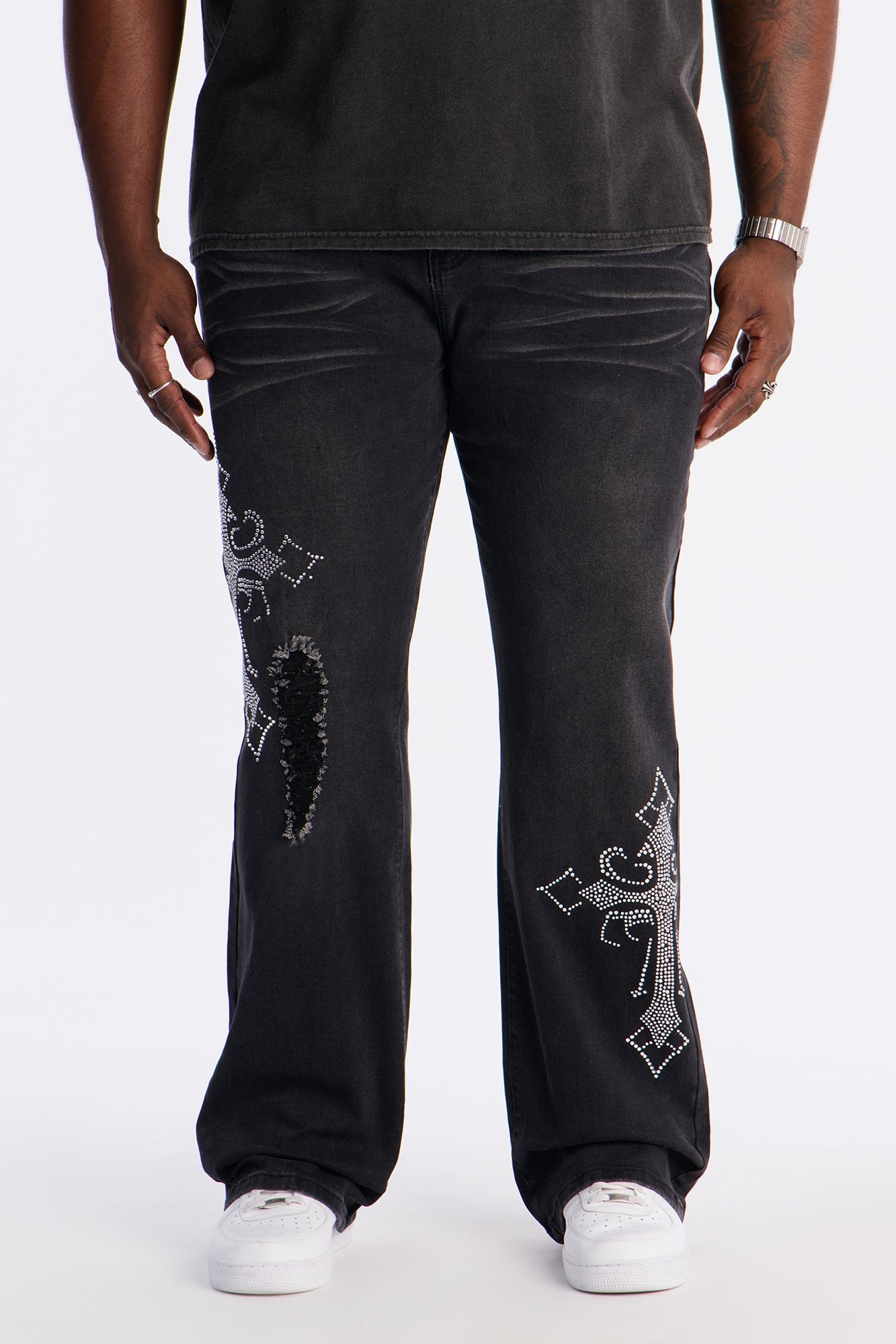 Stacked Slim Flare Sacred Rip Jeans - Black Wash