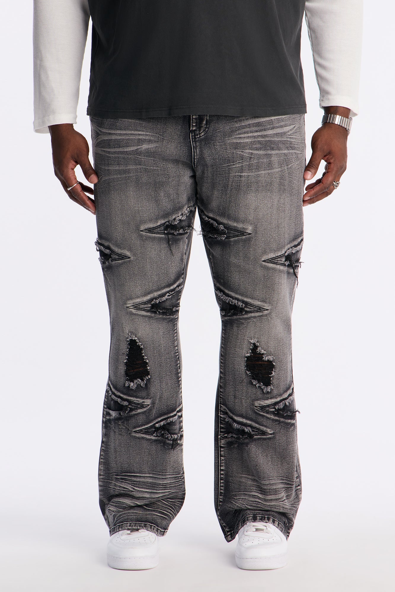 Stacked Skinny Flare Triangle Fray Jeans - Black Wash