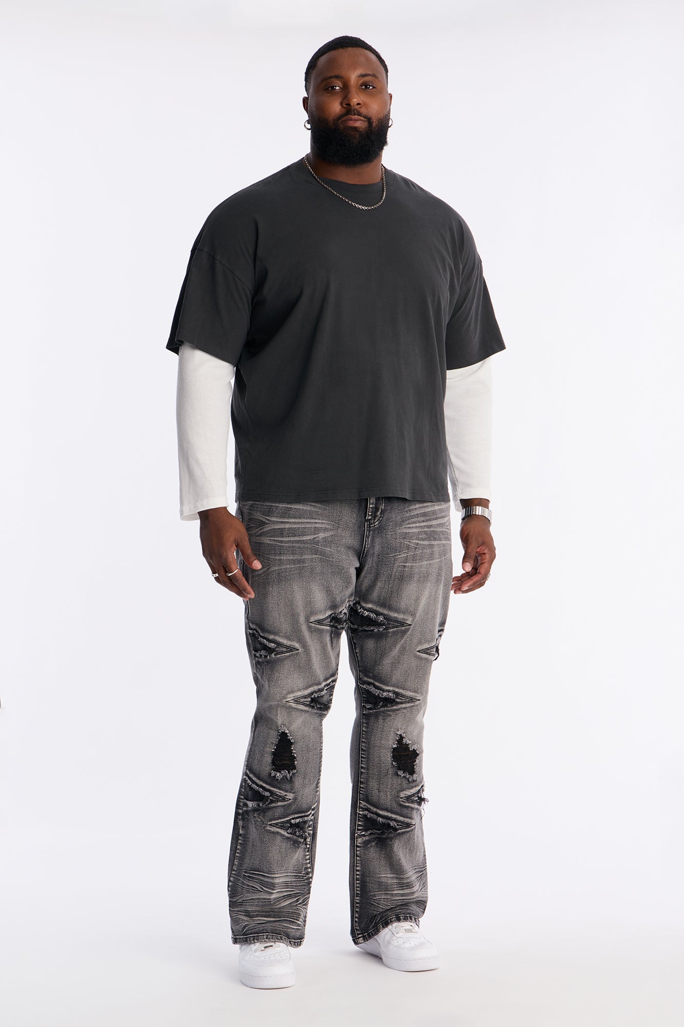 Stacked Skinny Flare Triangle Fray Jeans - Black Wash