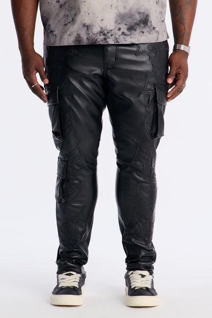 Skinny Stacked Faux Leather Paisley Embellished Pant - Black