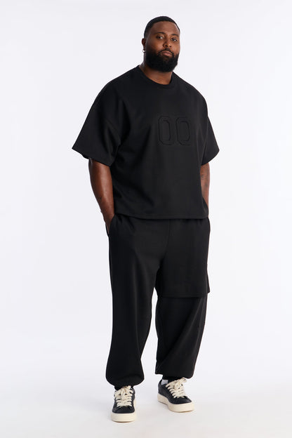 Structured Fleece Embossed Number Tee - Black