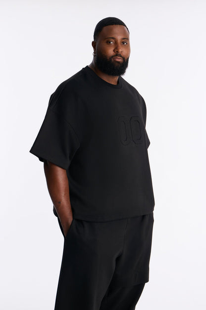 Structured Fleece Embossed Number Tee - Black